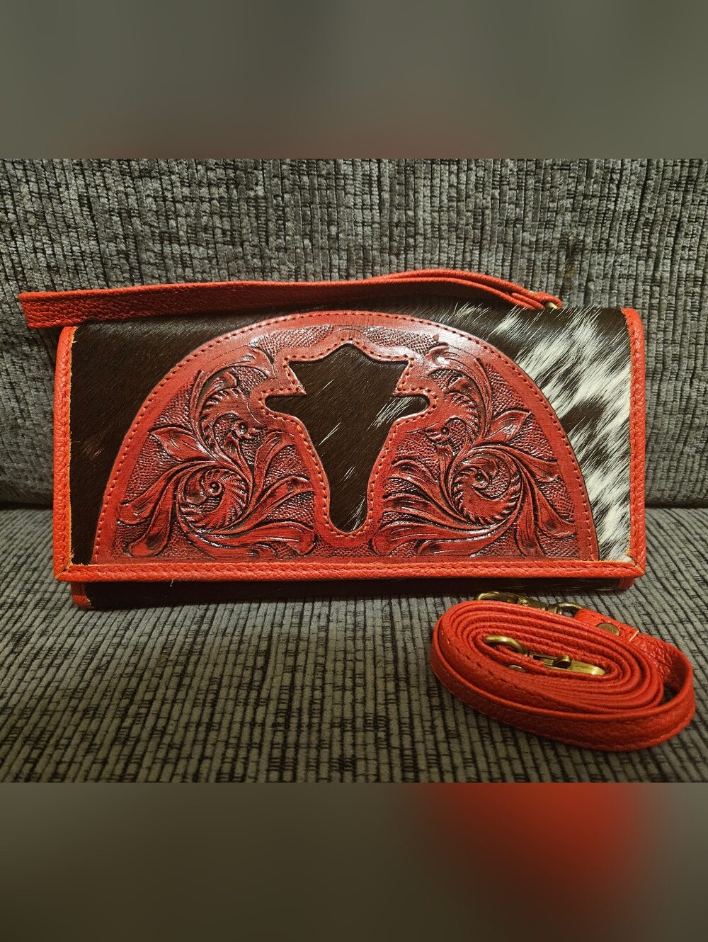 Red Tooled Leather & Cowhide Wristlet Clutch